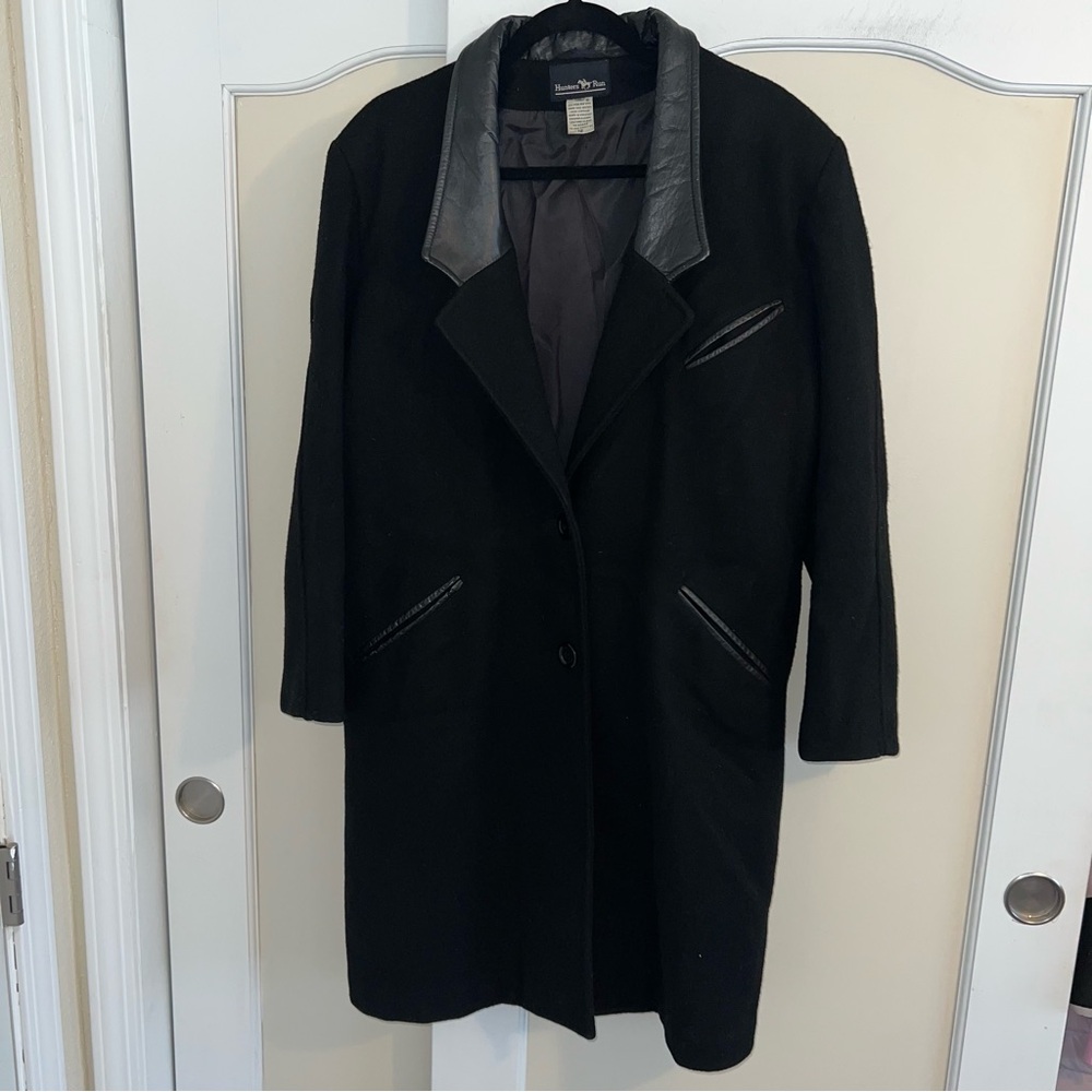 Vintage Hunter’s Run Pure New Wool And Leather Trim Black Long Coat